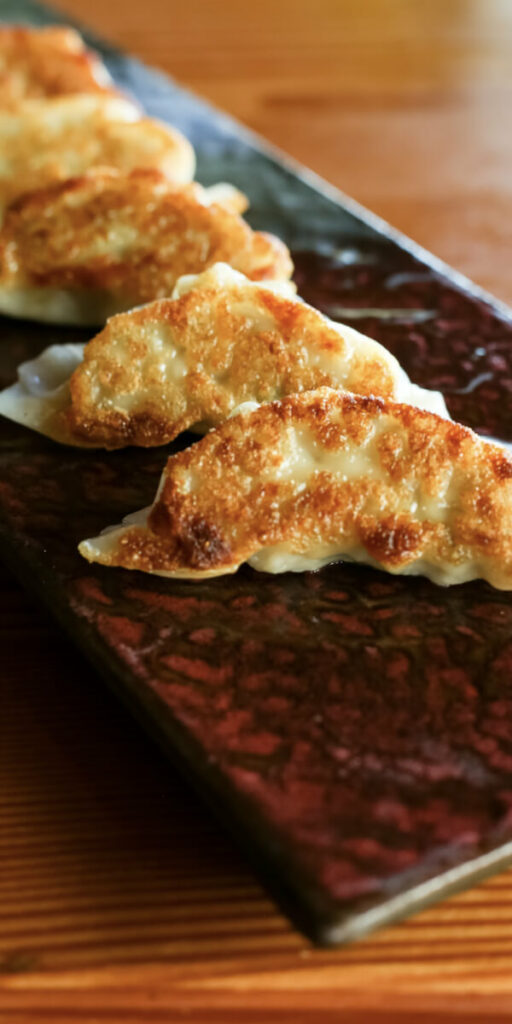 Five grilled dumplings arranged in a row on a dark rectangular plate.