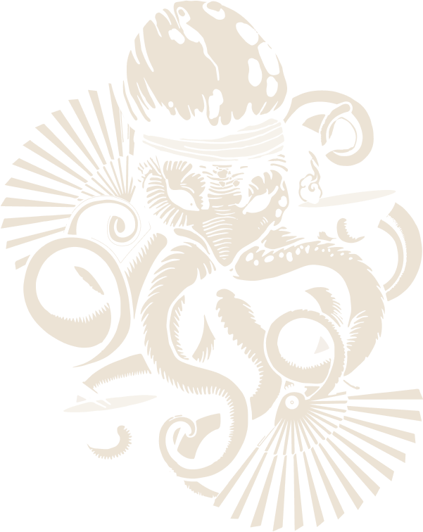 Illustration of a stylized octopus wearing a bandana, surrounded by various geometric shapes and patterns.
