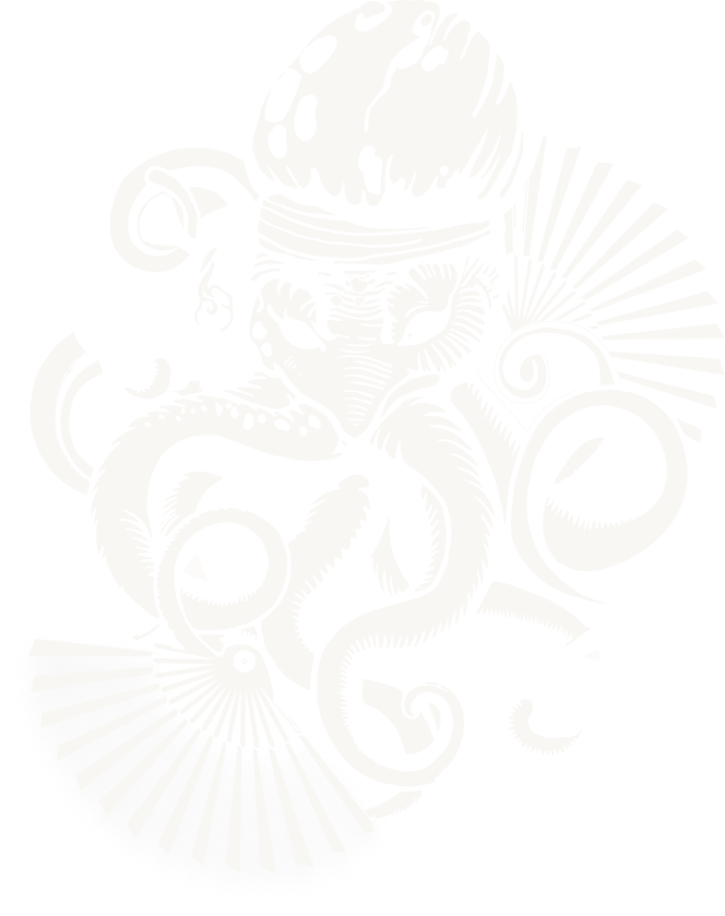 Illustration of a stylized octopus wearing a mushroom-shaped hat with tentacles coiling around traditional Japanese fans and a steaming bowl.
